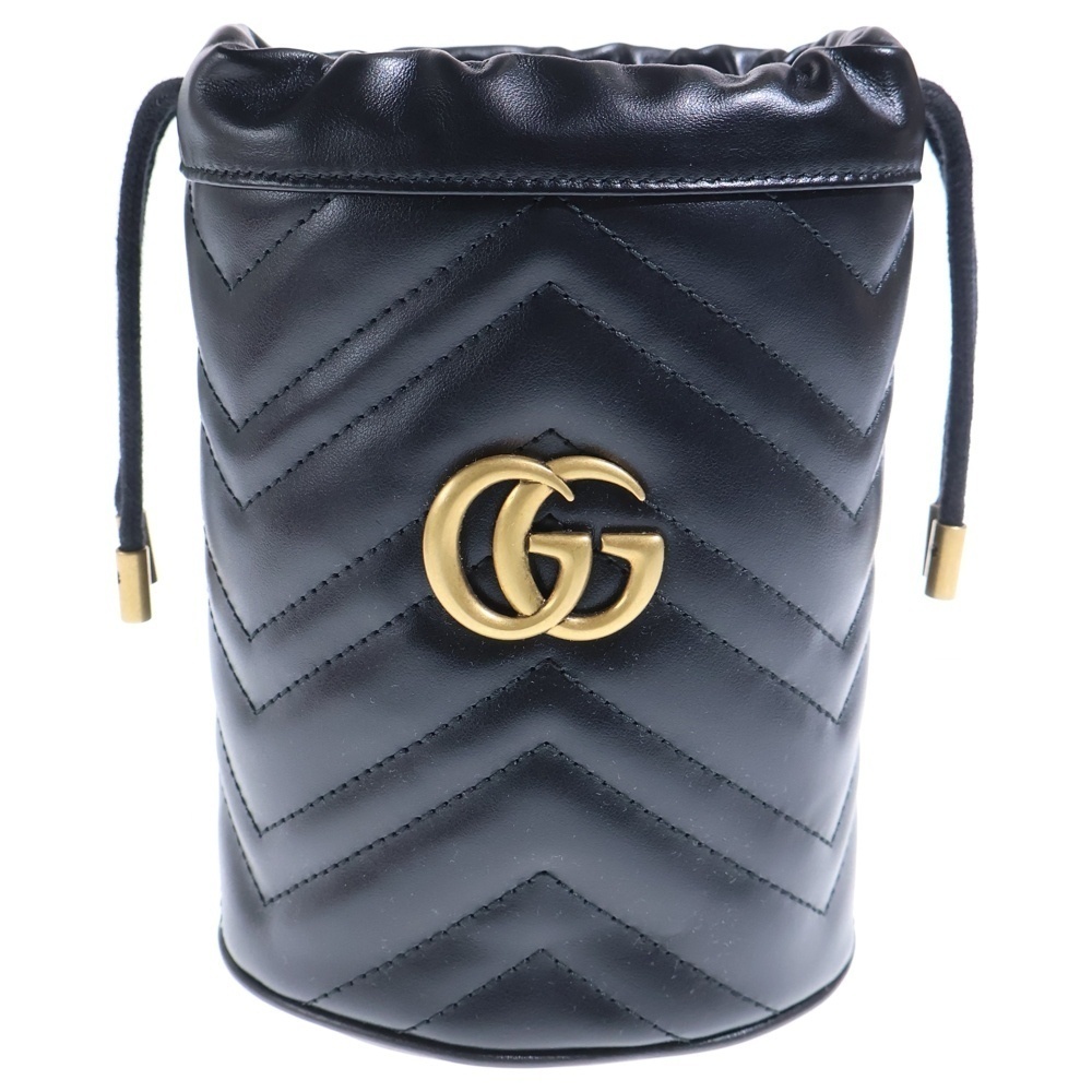 GUCCI GG Marmont Quilted Bucket Bag Shoulder Chain Black Leather